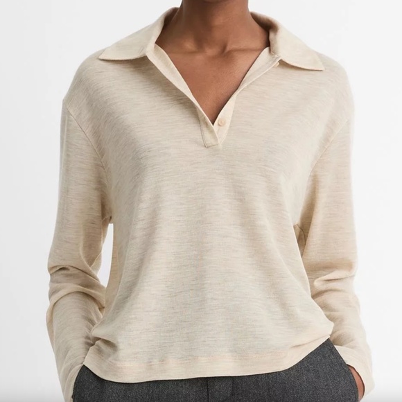 NWT Vince wool relaxed long-sleeve polo shirt (heather ecru, small) - Picture 1 of 14